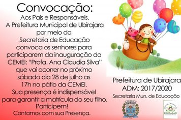 Prefeito Zica e equipe convida para inauguração da CMEI “Profa. Ana Claudia Silva” neste sábado (28)