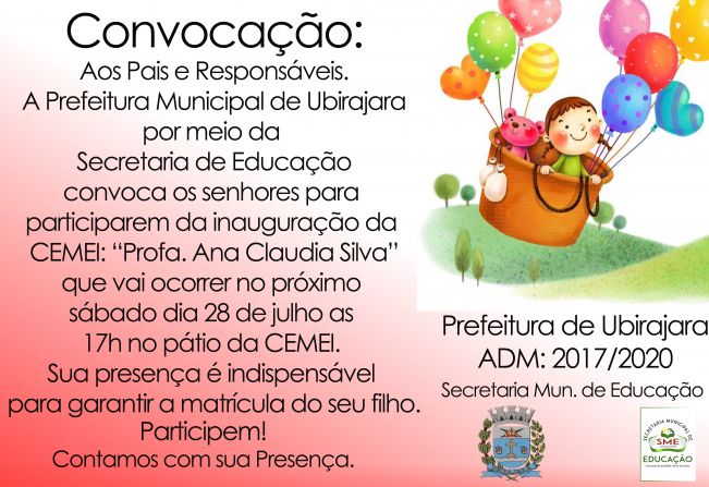 Prefeito Zica e equipe convida para inauguração da CMEI “Profa. Ana Claudia Silva” neste sábado (28)